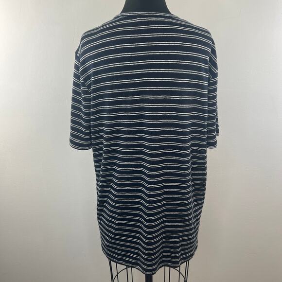 VINCE Navy White Top Linen Striped Henley Neck Short Sleeve Classic Size Large L - Picture 7 of 11